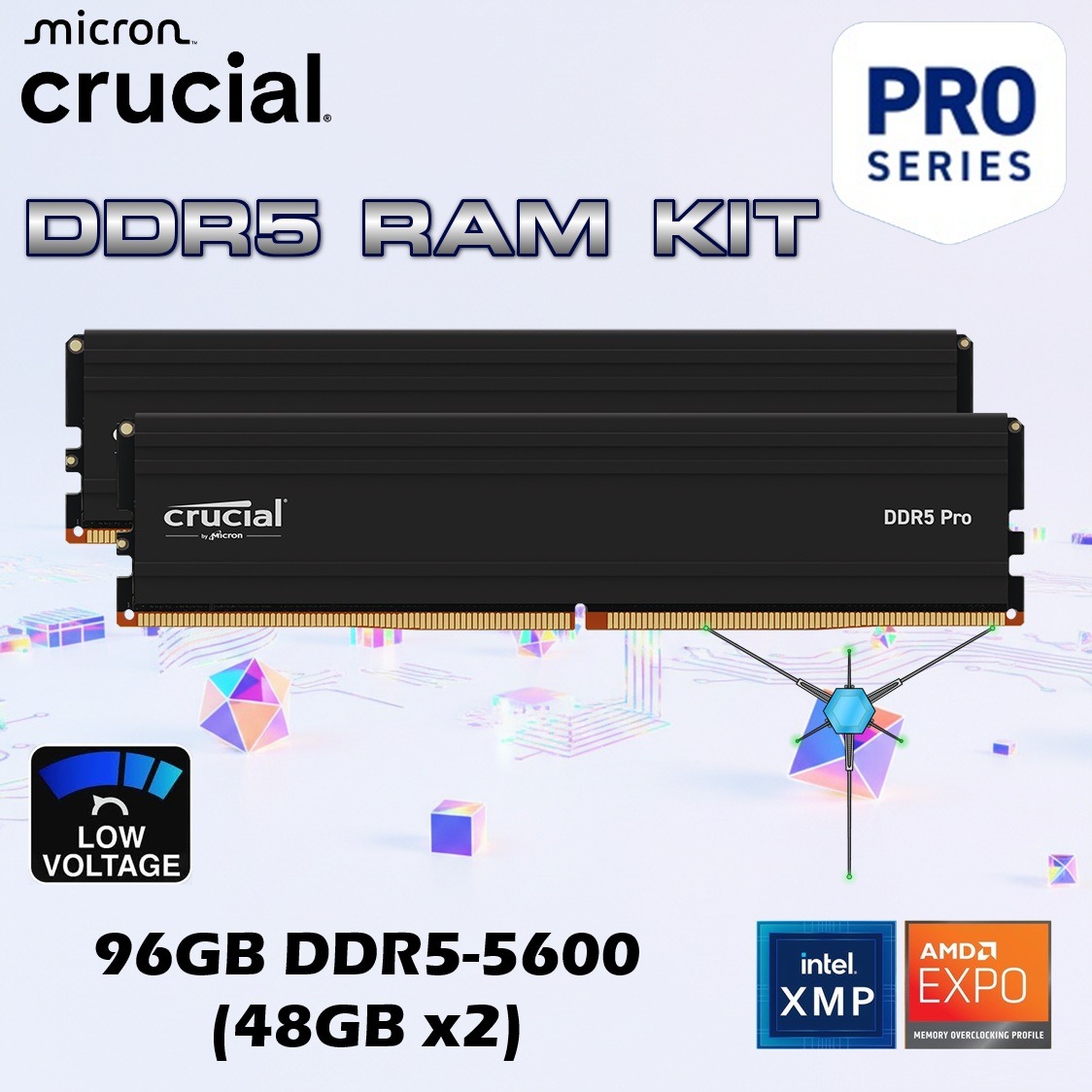 Crucial Pro 96GB DDR5-5600 RAM Kit (48GB x2), Low-Profile Heat Spreader, CL46, Intel XMP 3.0 & AMD EXPO, 1.1V UDIMM, High-Bandwidth Memory for Gaming, Creators & Workstations ~ BLACK CP2K48G56C46U5