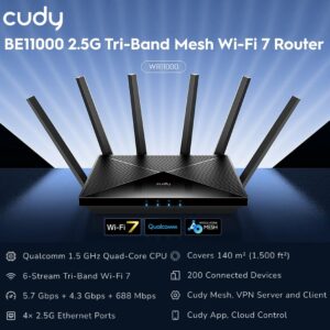 Cudy BE11000 Tri-Band Wi-Fi 7 Mesh Router With 10.6Gbps Speed, 4×2.5G Ports, Qualcomm Quad-Core CPU, MLO, MU-MIMO, VPN, Cloud Control | WR11000 