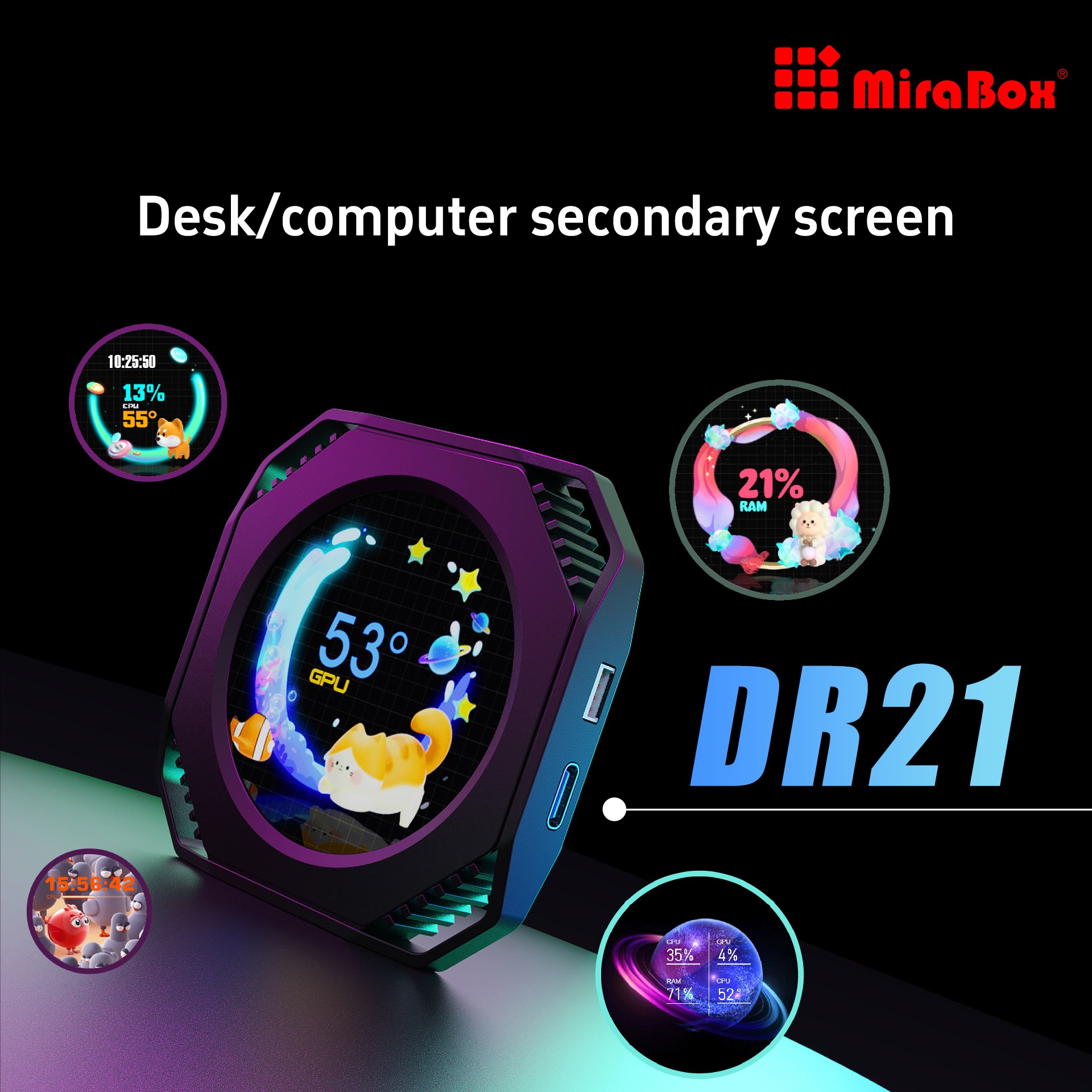DR21 Mini Screen 2.1-Inch Type-C LCD Water-Cooling Auxiliary Display With 480×480 Resolution, USB One-Wire Link, IPS Metal Build, 1000+ Themes, Dynamic Video, DIY Carousel & Win7+ Support | BLACK ~ MIRABOX-DR21