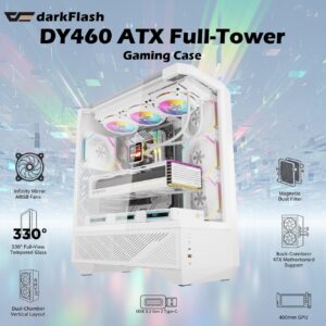 darkFlash DY460 ATX Full-Tower Gaming Case With 330° Full-View Tempered Glass, 4 ARGB Pre-Installed Fans, Dual-Chamber Layout, 400mm GPU Support, 360mm Radiator, USB-C | White