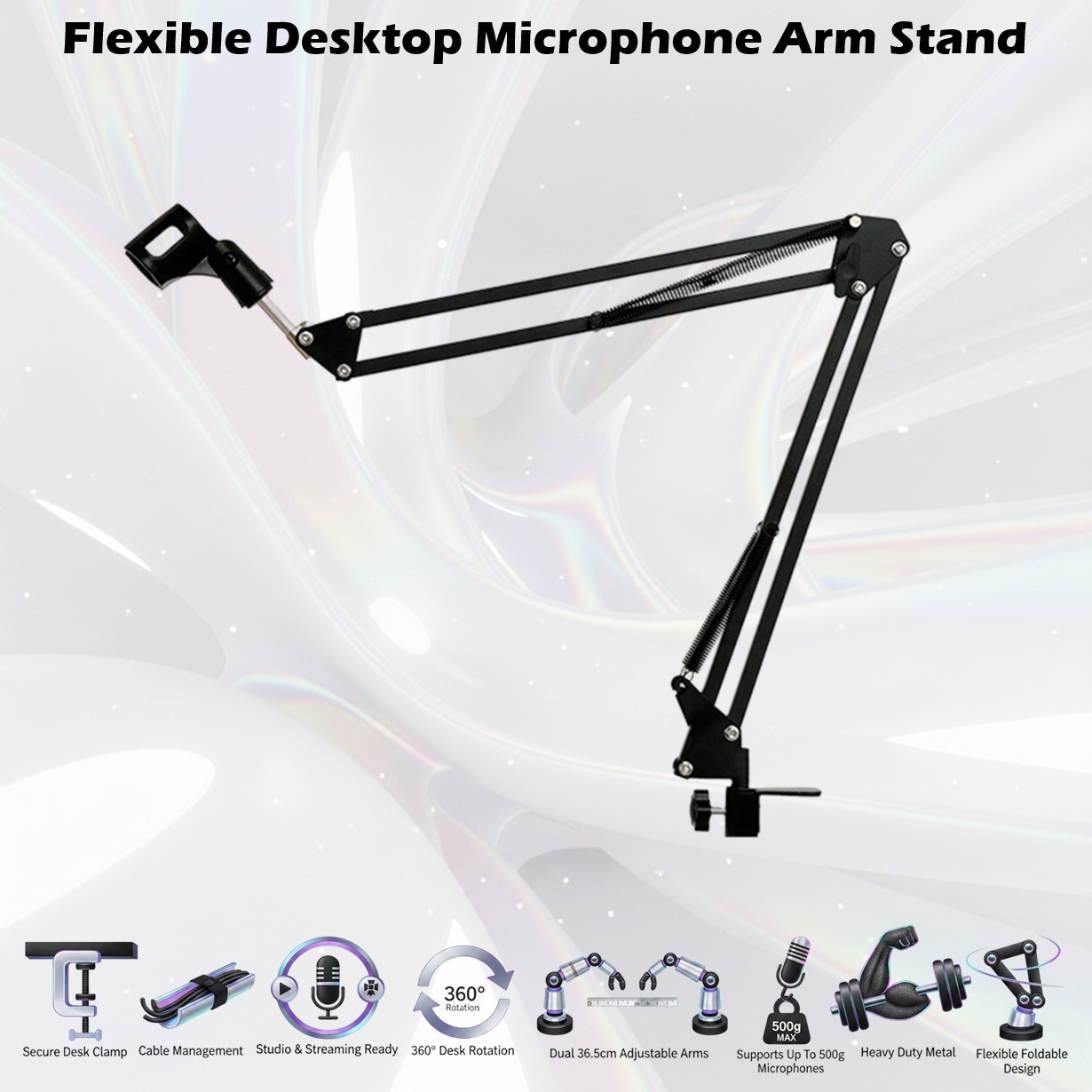 Flexible Desktop Microphone Arm Stand With Dual 35cm Arms, 360° Rotation, Desk Clamp Mount, Vibration Reduction Design, Metal Construction, Supports Microphones Up To 500g | BLACK