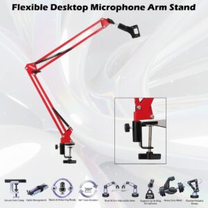 Flexible Desktop Microphone Arm Stand With Dual 35cm Arms, 360° Rotation, Desk Clamp Mount, Vibration Reduction Design, Metal Construction, Supports Microphones Up To 500g | RED