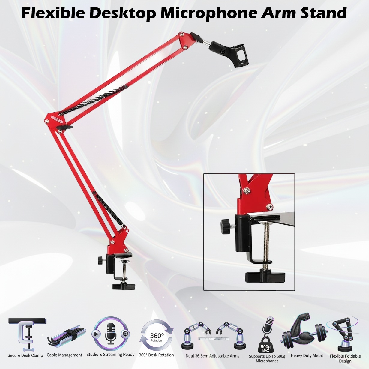Flexible Desktop Microphone Arm Stand With Dual 35cm Arms, 360° Rotation, Desk Clamp Mount, Vibration Reduction Design, Metal Construction, Supports Microphones Up To 500g | RED