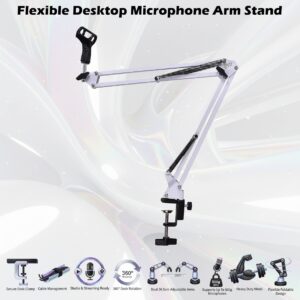 Flexible Desktop Microphone Arm Stand With Dual 35cm Arms, 360° Rotation, Desk Clamp Mount, Vibration Reduction Design, Metal Construction, Supports Microphones Up To 500g | WHITE