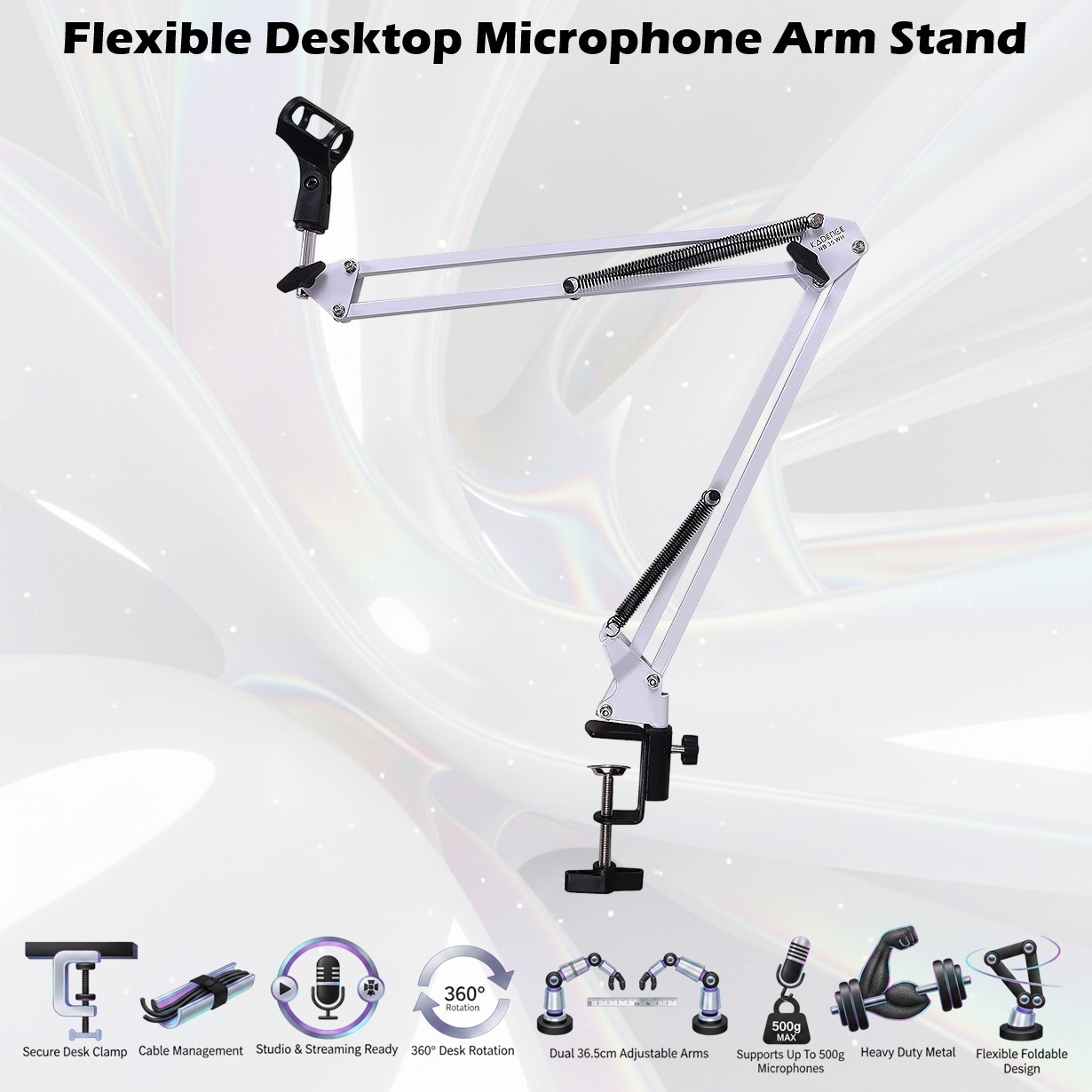 Flexible Desktop Microphone Arm Stand With Dual 35cm Arms, 360° Rotation, Desk Clamp Mount, Vibration Reduction Design, Metal Construction, Supports Microphones Up To 500g | WHITE