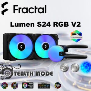 Fractal Lumen S24 RGB V2  ARGB Liquid Cooler With Six Addressable LEDs, Copper Cold Plate, Dual Aspect 12 RGB PWM Fans, Dark Stealth Mode, 400mm Tubes, And Wide Intel/AMD Socket Support | BLACK ~ FD-W-L1-S2412