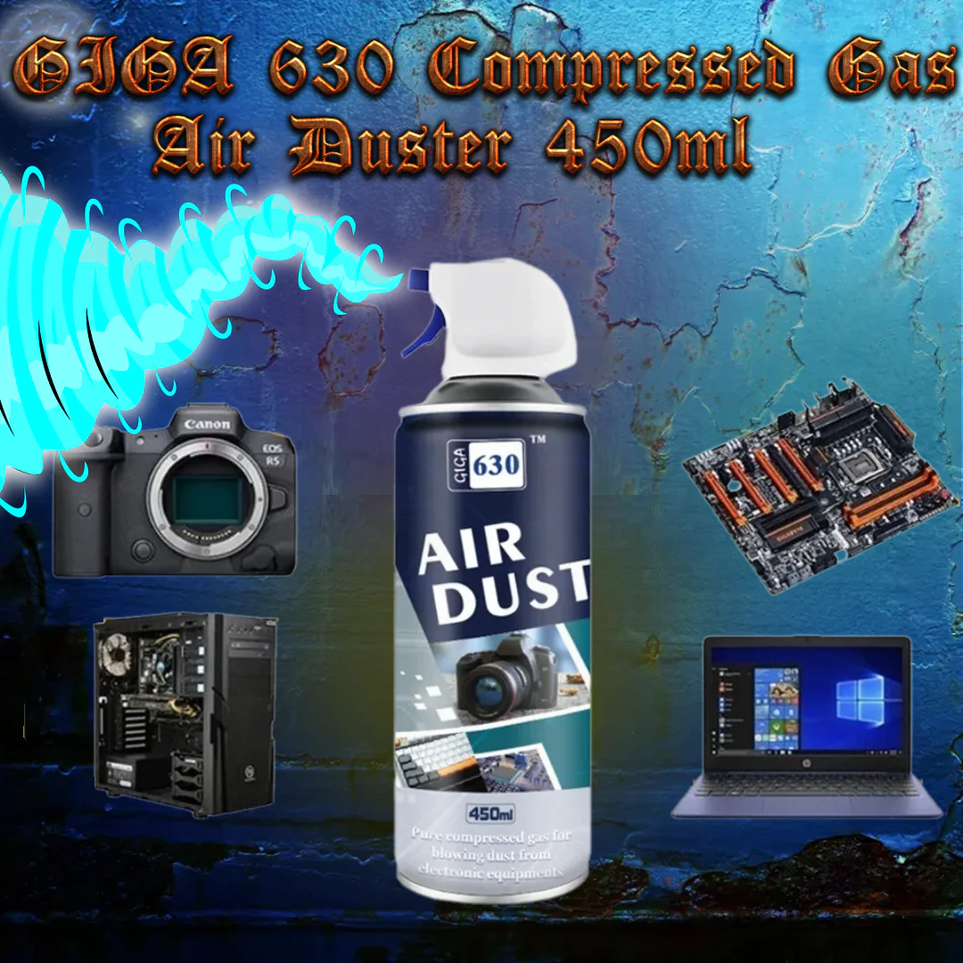 GIGA 630 AIR DUSTER Disposable Compressed Air Can – 450ml Cleaner for Sensitive Electronics – Secure Formulation – Delicate Cleansing via High-Pressure Air Blasting