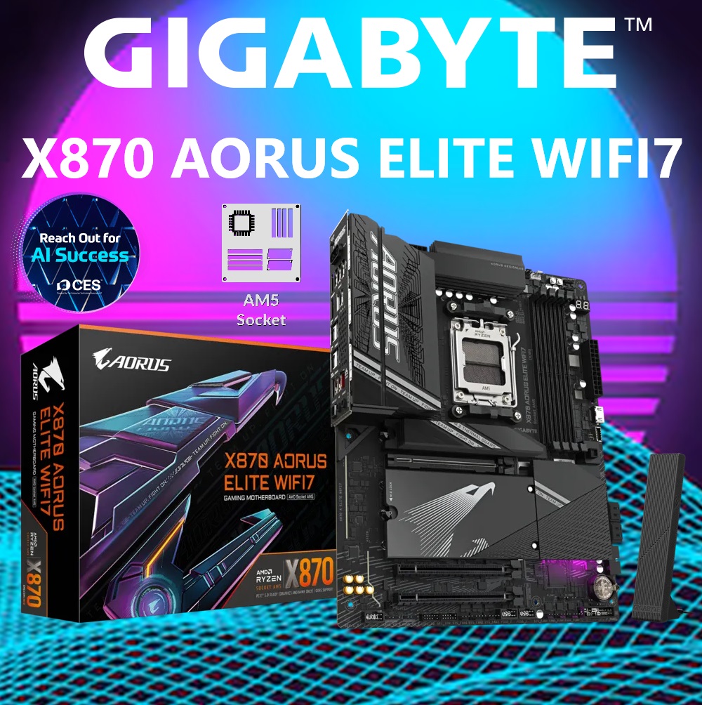 GIGABYTE X870 AORUS ELITE WIFI7 AM5 LGA 1718, ATX, DDR5, 4x M.2, PCIe 5.0, USB4, Wi-Fi 7, 2.5GbE LAN, EZ-Latch ; Supports AMD Ryzen™ 9000 / 8000 / 7000 Series Processors