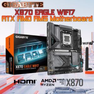 GIGABYTE X870 EAGLE WIFI7 ATX Motherboard , AMD AM5 DDR5 ,  8200 MT/s OC , PCIe 5.0 M.2 , Dual USB4 Type-C , Wi-Fi 7 & 2.5GbE LAN , AORUS AI Snatch , EZ-Latch Plus , RGB Fusion for AMD Ryzen 9000 / 8000 / 7000 Series Processors