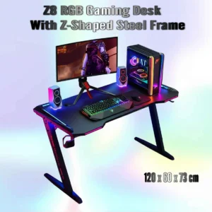 Z8 RGB Gaming Desk  With Z-Shaped Steel Frame, 120CM Carbon Fiber Surface, 4+3 LED Colors, Headset Hook, Cup Holder, ABS Armor, Anti-Pressure Feet – Black & Red