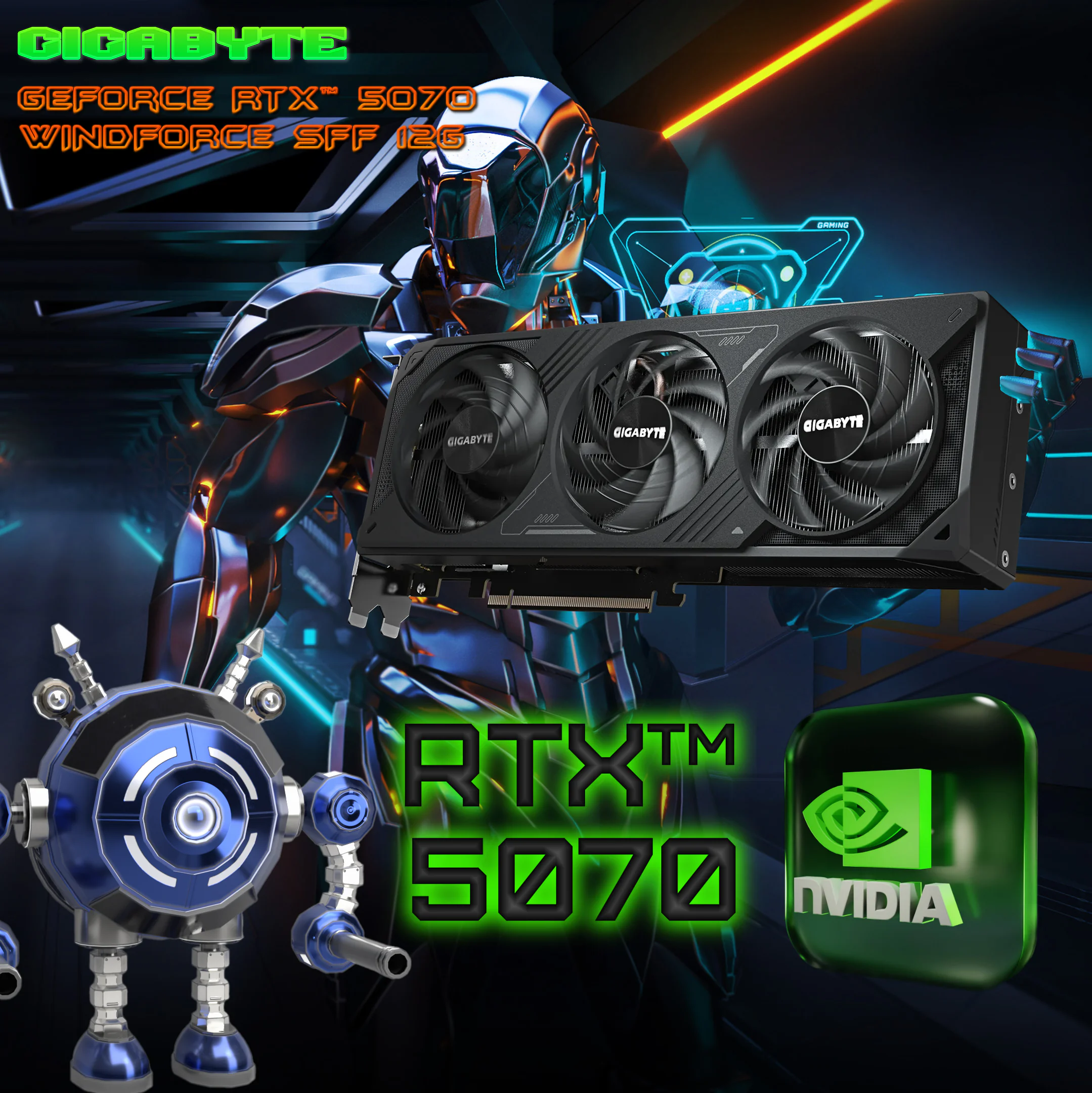 Gigabyte GeForce RTX 5070 Windforce SFF 12G With DLSS 4, 192 bit 12GB GDDR7, 2512MHz Core Clock, 6144 CUDA® Cores, PCIe 5.0, NVIDIA Reflex 2, Hawk Fan, Graphene Lubricant, And G-SYNC | STEALTH BLACK | 1 YEAR WARRANTY