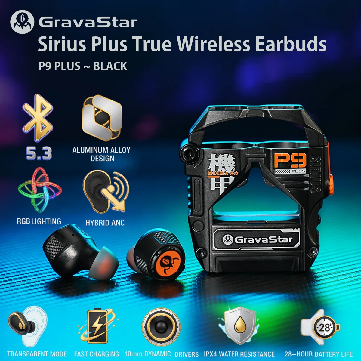 GravaStar Sirius Plus True Wireless Earbuds With Bluetooth 5.3, Hybrid ANC, 10mm Dynamic Drivers, RGB Ambient Lighting, 28-Hour Playtime, IPX4 Water Resistance | P9 PLUS ~ BLACK