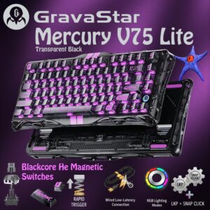 GravaStar Mercury V75 Lite Transparent 75% Keyboard with RGB Blackcore HE Magnetic Switch Keyboard, Wired Low-Latency, 0.01mm Precision, Adjustable Actuation, Rapid Trigger, Hot-Swappable, Windows & macOS ,| Transparent Black