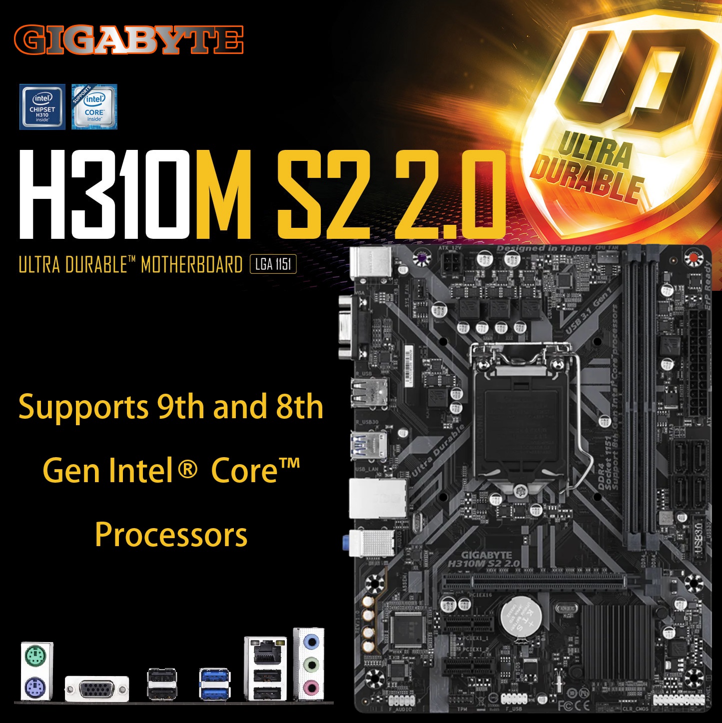 GIGABYTE H310M S2 2.0 (Rev. 1.0) DDR4 Micro ATX Motherboard : LGA1151 Intel H310 PCIe 3.0, 2 x DDR4 DIMM up to 32GB 2666/2400/2133 MHz , Gaming LAN , For 9th/8th Gen Processors | USED WITH BOX