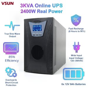VSUN 3KVA Online UPS Single-Phase With LCD Display, 2400W Real Power, True Sine Wave Output, 6x12V 9Ah Batteries, Wide Input Range, High Efficiency