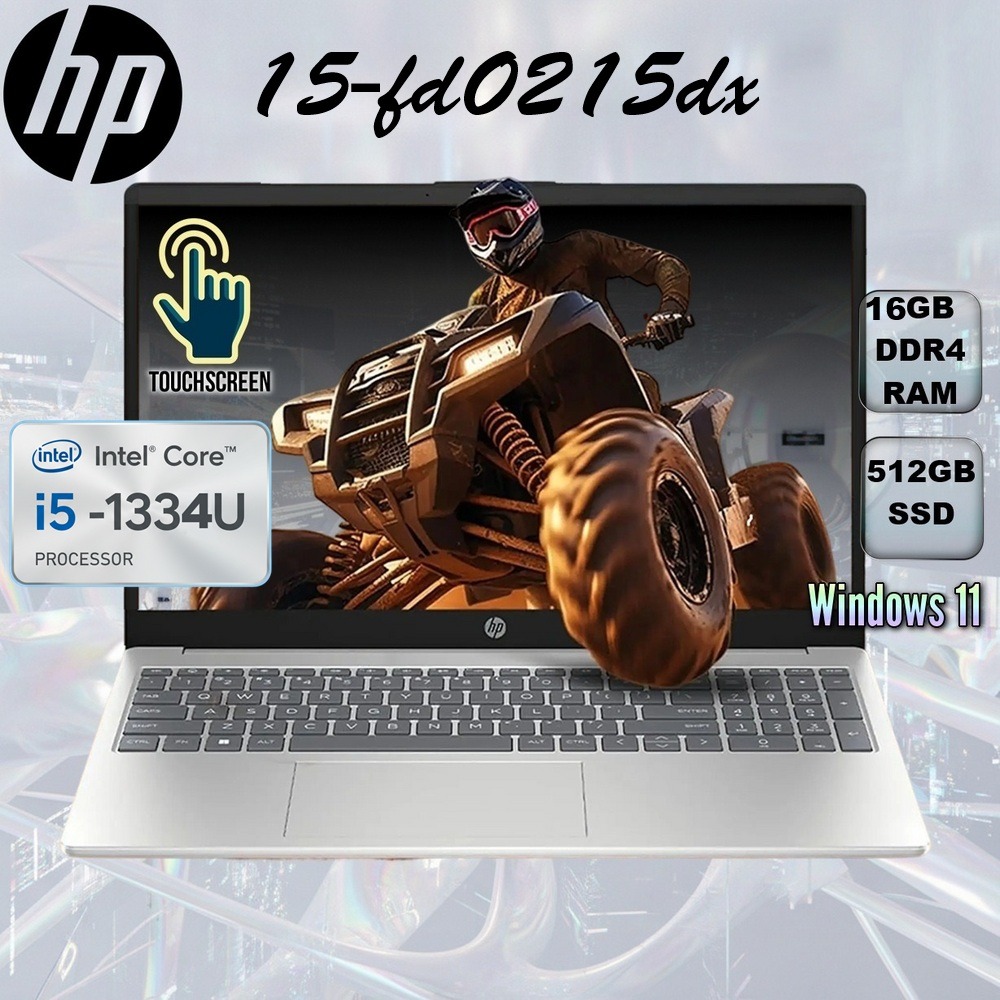HP 15-fd0215dx : Intel® Core i5-1334U | 16GB DDR4 RAM ; 512GB NVMe SSD | 15.6 inch FHD IPS Touch Display | Intel® UHD Graphics | Windows 11 | Natural Silver