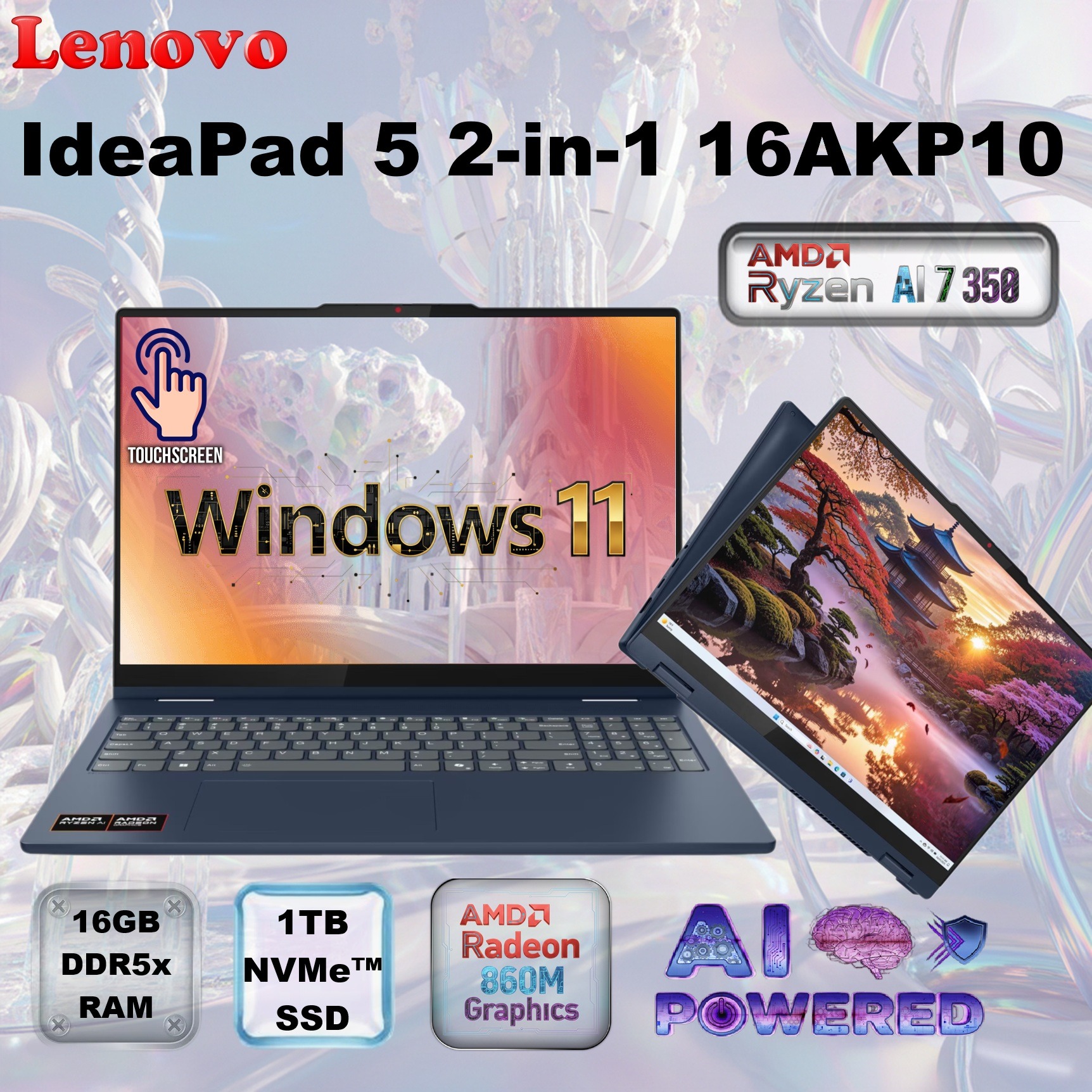 Lenovo IdeaPad 5 2-in-1 16AKP10 – AMD Ryzen AI 7 350 up to 50 TOPS | 16GB LPDDR5x RAM ; 1TB SSD NVMe® | AMD Radeon™ 860M Graphics | 16-inch WUXGA IPS Touchscreen | Backlit Keyboard | Windows 11 | Cosmic Blue ~ OPEN BOX