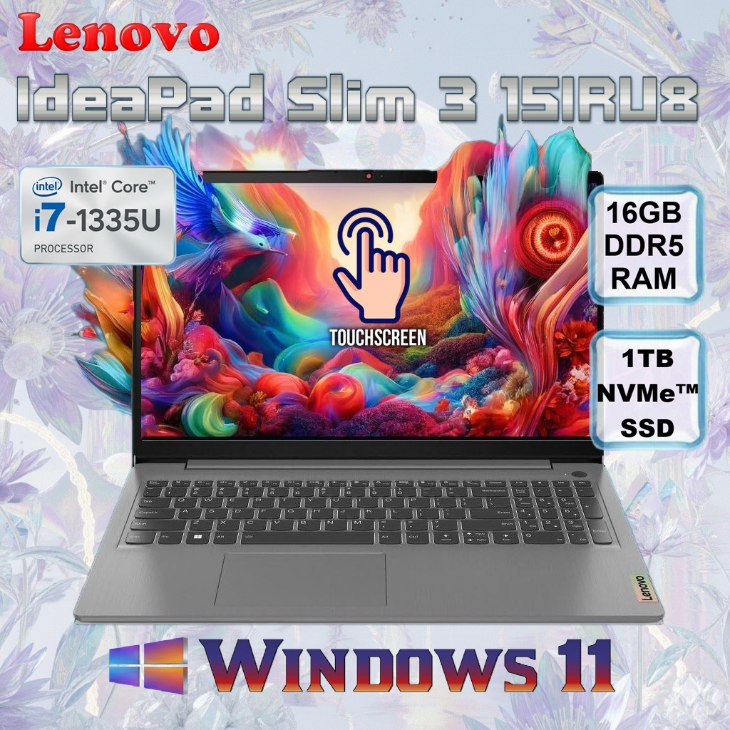 LENOVO IdeaPad Slim 3 15IRU8 Intel® Core i7-1355U | 16GB DDR5 RAM ; 1TB SSD NVMe® | 15.6″ FHD IPS Touch Display | Intel® UHD Graphics | Windows 11 | Arctic Grey
