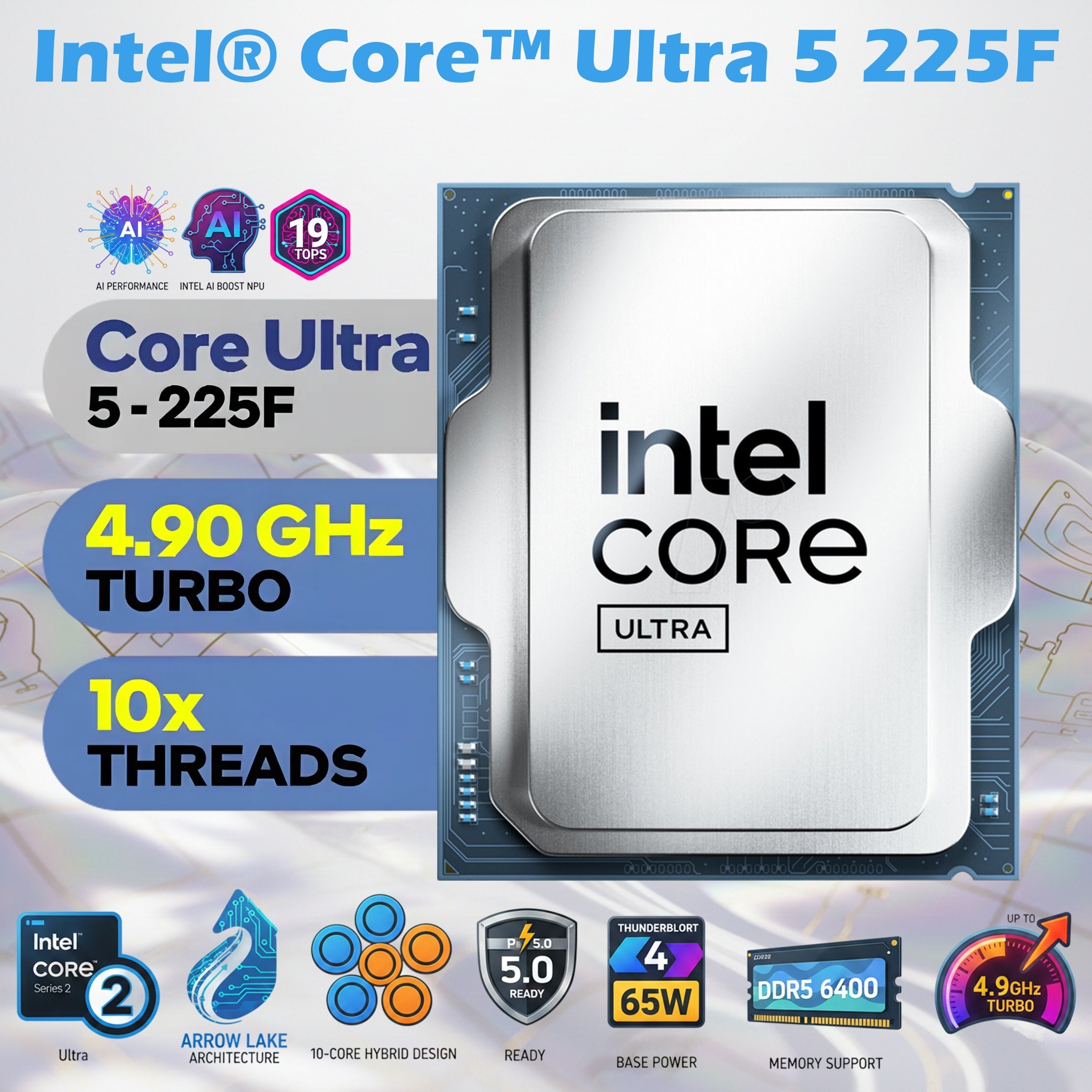Intel Core Ultra 5 225F Desktop Processor With 10 Cores, Up To 4.9GHz Turbo, 20MB Cache, Arrow Lake Architecture, DDR5 6400 Support, PCIe 5.0 | TRAY ONLY – NO BOX