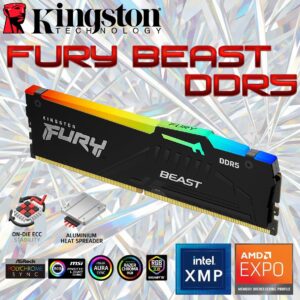Kingston Fury Beast RGB 16GB DDR5 RGB Desktop Memory Single Module , 6400MT/s Speed, CL32 1.4V DIMM , Intel XMP 3.0 and AMD EXPO, Aluminum Heat Spreader | Black ~ KF564C32BBEA-16