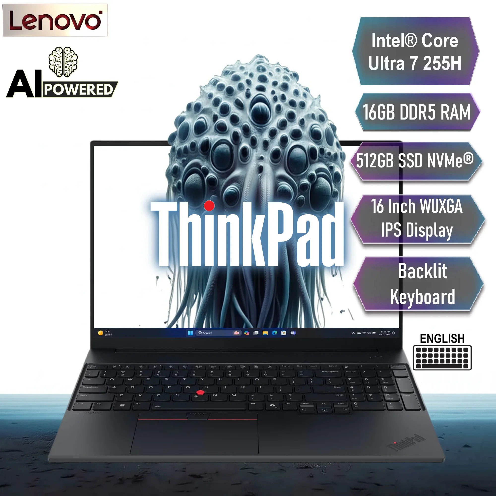 LENOVO AI PC ThinkPad E16 Gen 3 Intel® Core Ultra 7 255H with AI Boost, up to 13 TOPS | 16GB DDR5 RAM , 512GB SSD NVMe® | 16 Inch WUXGA IPS Display | Backlit Keyboard | DOS | Carbon Black