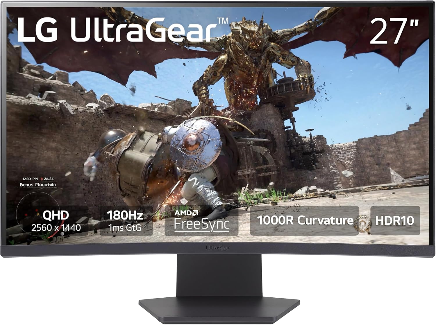 LG 27GS60QC-B Ultragear Curved Gaming Monitor 27-Inch QHD (2560×1440) 180Hz 1ms 1000R AMD FreeSync HDR10 HDMIx2 DisplayPort Borderless Design Black Stabilizer DAS Crosshair FPS Counter – Black