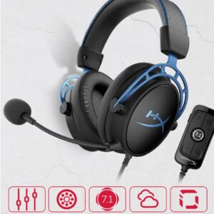 HyperX Cloud Alpha S – PC Gaming Headset, 7.1 Surround Sound, Adjustable Bass, Dual Chamber Drivers, Chat Mixer, Breathable Leatherette, Memory Foam, and Noise Cancelling Microphone – Blue – OPEN BOX