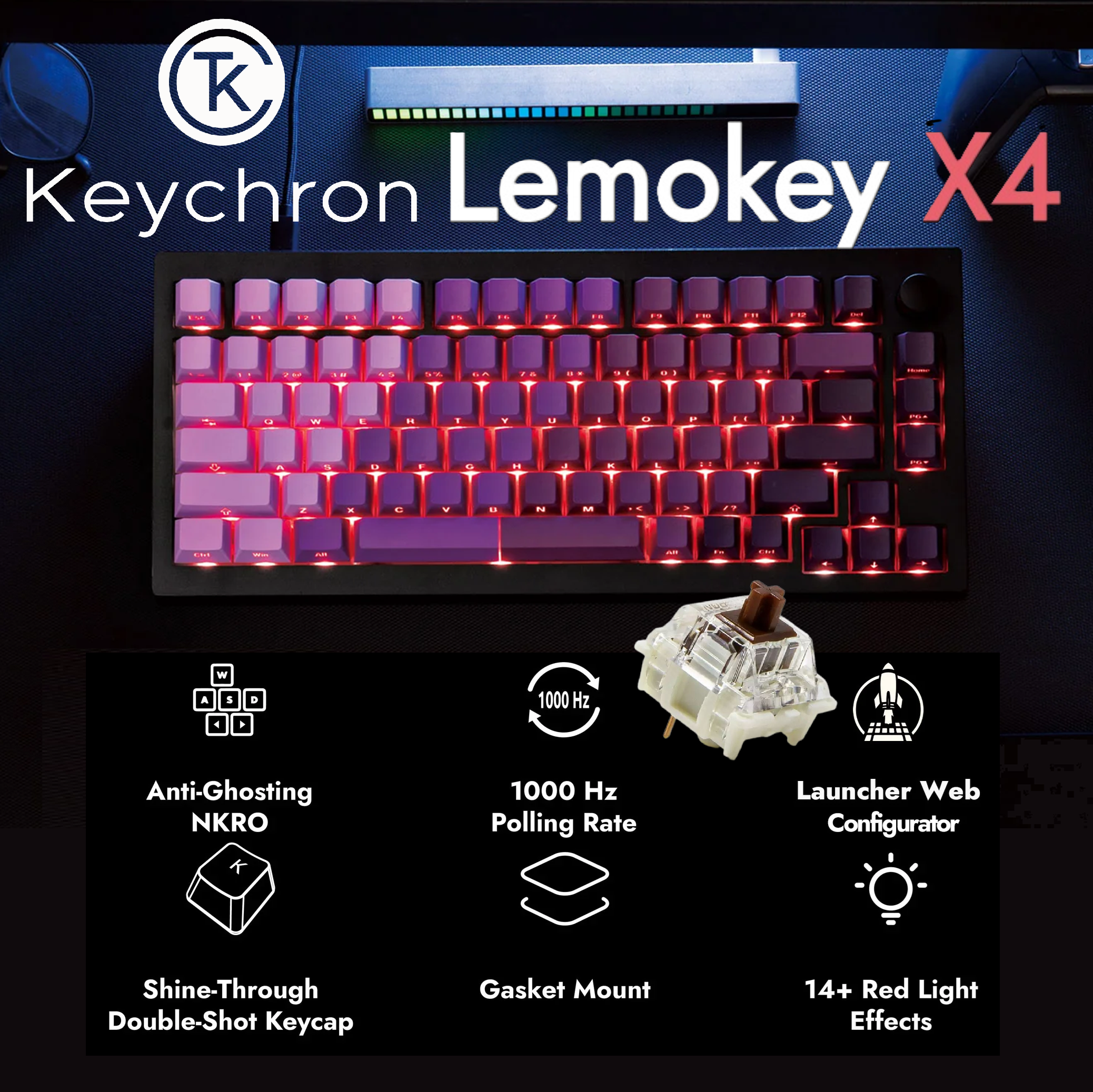 Keychron Lemokey X4 75% Layout Mechanical Keyboard with BROWN Switches ; 1000Hz Polling Rate ; Pre-Lubed Shine-through Cherry Profile Side-Printed Double-Shot PBT Keycaps ; QMK Customizable ; N-key Rollover Anti-Ghosting ; Red Backlit ; for Windows/Linux/macOS | PURPLE X4-A3P