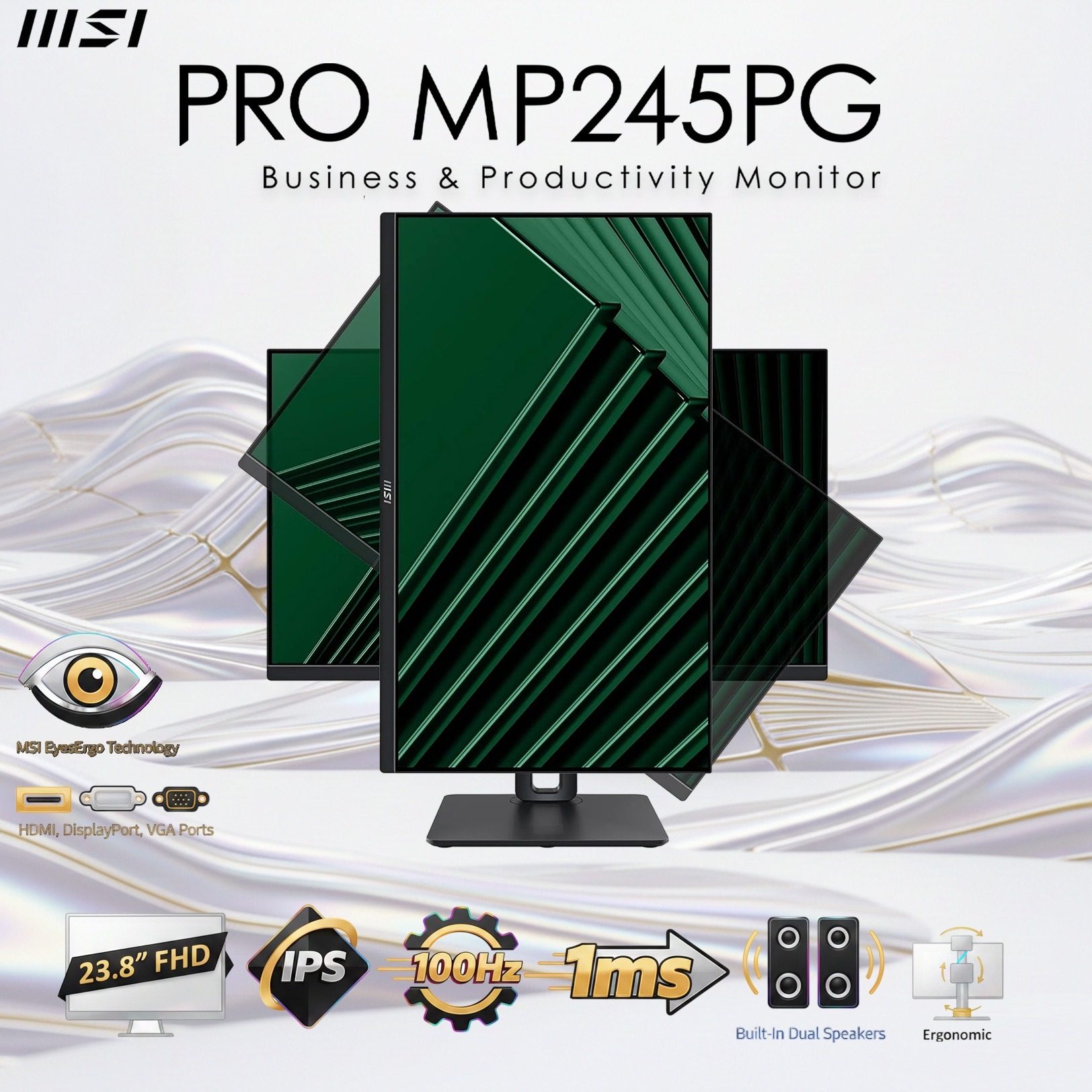 MSI PRO MP245PG 23.8 Inch Full HD Office Monitor – 1920 x 1080 IPS Panel, 100 Hz, Eye-Friendly Screen, VESA Mountable, Display Kit Support, 4-Way Adjustable – HDMI 1.4, DisplayPort 1.2, D-Sub