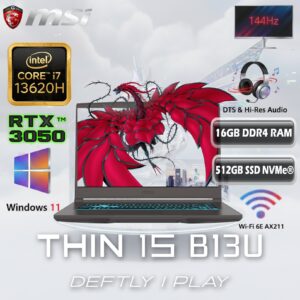 MSI THIN 15 B13UDX  Intel® Core i7-13620H | 16GB DDR4 RAM ; 512GB NVMe SSD | RTX 3050 ; 6GB | 15.6″ FHD IPS 144Hz Display | Windows 11 | Blue Backlit Keyboard with Anti-Ghost key | Cosmos Gray