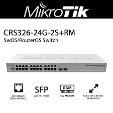 MikroTic CRS326-24G-2S+RM 24-Port Gigabit Switch with 2 SFP+ Ports, Dual Boot (RouterOS/SwOS), ARM CPU, 512MB RAM, Passive Cooling, VLAN & MAC Filtering, 10-30V Power Input, CE Certified, 24W Max Power Consumption