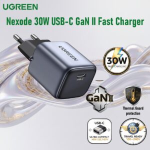 UGREEN Nexode 30W USB-C GaN II Fast Charger With PPS Adaptive Charging, Thermal Guard Protection And Ultra-Compact Design For iPhone 16, Galaxy S24 And MacBook Air | CD319-90666