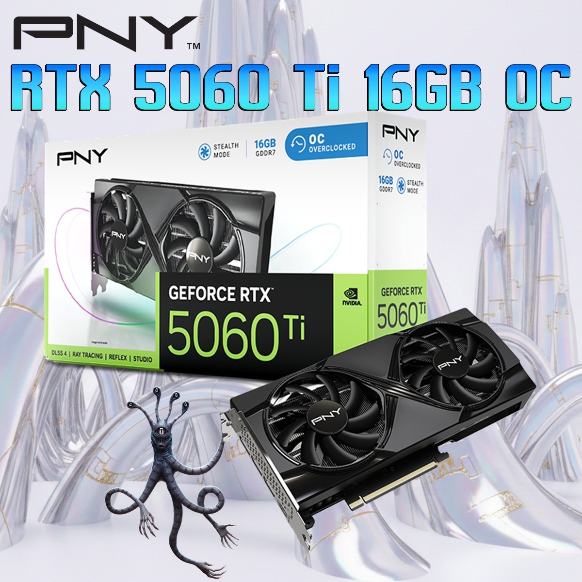 PNY GeForce RTX 5060 Ti 16GB GDDR7 OC Dual Fan GPU With NVIDIA Blackwell, DLSS 4, PCIe 5.0, 4608 CUDA® Cores, 2692 MHz Boost, 4K 480Hz / 8K 165Hz Support , STEALTH MODE