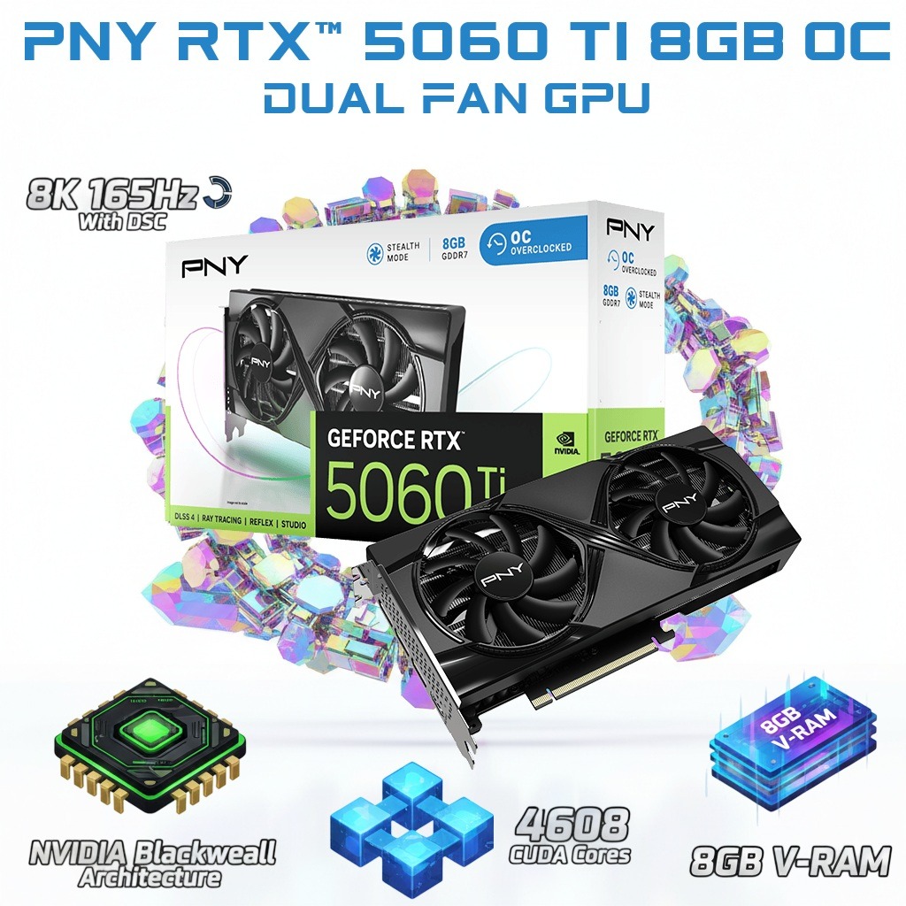 PNY GeForce RTX 5060 Ti 8GB OC Dual Fan GPU : NVIDIA Blackwell Architecture, 2692 MHz Boost Speed , 4608 CUDA® Cores , PCIe 5.0, DLSS 4, DisplayPort 2.1b | BLACK ~ VCG5060T8DFXPB1-O