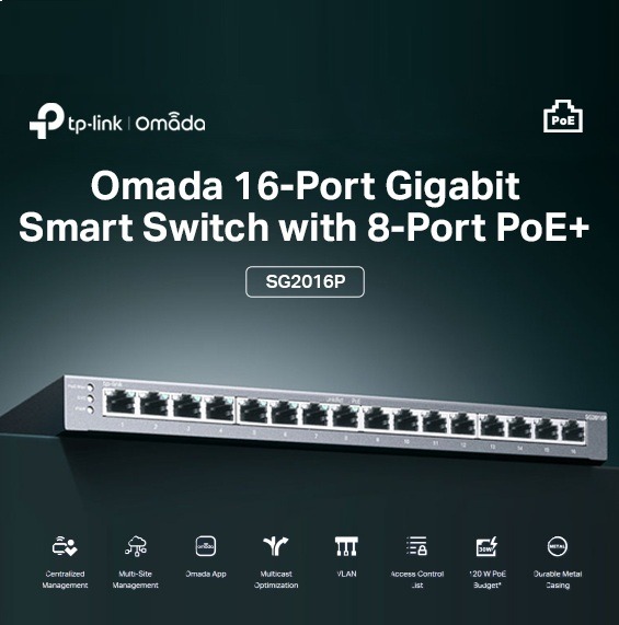 TP-Link Omada TL-SG2016P 16-Port Gigabit Smart Switch with 8-Port PoE+, 120W Budget, Omada SDN Cloud Control, VLAN, QoS, ACL, Fanless Metal Design for Business Networks