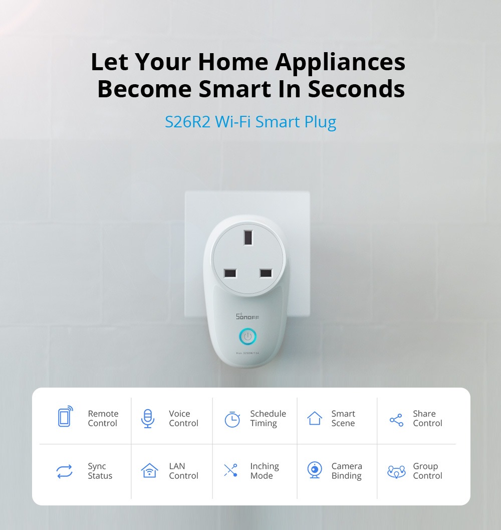 Sonoff S26R2 WiFi Smart Socket EU Standard — Automate Devices Instantly, Remote App Control, 16A Heavy-Duty Load, Timers, Smart Scenes, Group Control, Voice Assistant Compatibility | S26R2TPF-DE
