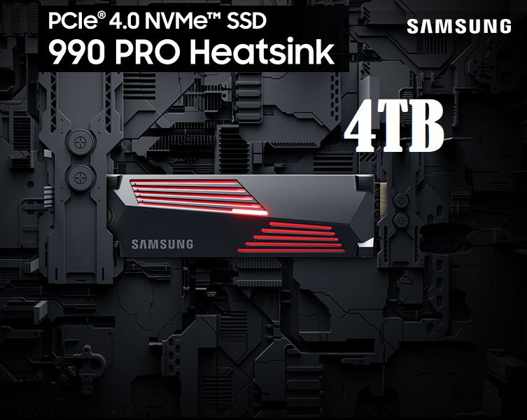 SAMSUNG 990 PRO M.2 2280 4TB PCI-Express Gen 4.0 x4, NVMe 2.0 V7 V-NAND 3bit MLC Internal Solid State Drive (SSD) MZ-V9P4T0CW. W/Heatsink