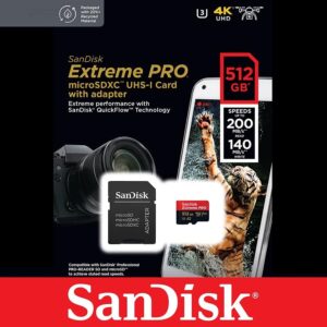 SanDisk Extreme PRO microSDXC UHS-I Memory Card 512 GB + Adapter & RescuePRO Deluxe (for Smartphones, Action Cameras or Drones, A2, Class 10, V30, U3, 200 MB/s Transfer)