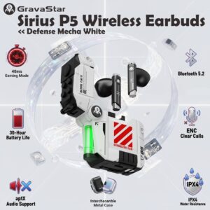 GravaStar Sirius P5 Wireless Earbuds With 12mm Dynamic Drivers, Bluetooth 5.2, 48ms Gaming Mode, Interchangeable Shell Charging Case, ENC Calling, 30-Hour Playtime, IPX4 | Defense Mecha White 