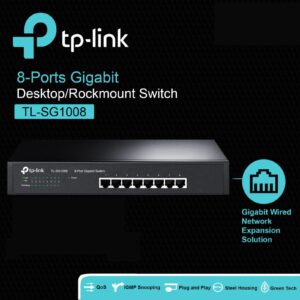 TP-Link TL-SG1008 8-Port Gigabit Desktop/Rackmount Switch with 16Gbps Switching Capacity, Auto MDI/MDIX, Green Technology, 4K MAC Table, Fanless Design, 10/100/1000 Mbps Ports
