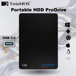 TwinMOS ProDrive 1TB Portable HDD With USB 3.0 High-Speed 5Gbps Transfer, Shock-Resistant Design,  LED Indicator, USB-Powered, SMART Support, Supports Android, Chromebook , iOS, Windows, macOS, and Linux | BLACK ~ TM1000GPD