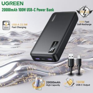 UGREEN 20000mAh 100W USB-C Power Bank With Dual USB-C And USB-A Ports, PD 3.0 Fast Charging, LED Display And High-Speed Recharge For Laptops And Phones