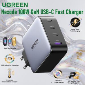 UGREEN Nexode 100W GaN USB-C Fast Charger With 3 USB-C And 1 USB-A Ports, Foldable Plug, PD PPS Support And Compact Travel Design For Laptops And Phones