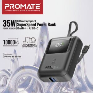 Promate PowerPod-10 Ultra Compact 35W Power Bank With 10000mAh Battery, Built-In USB-C Cable, USB-C Power Delivery, QC 3.0 USB-A, Smart LED Display