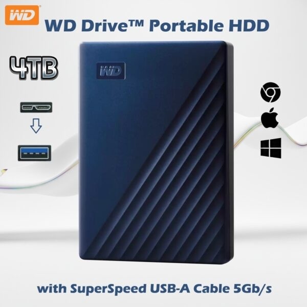 WD Drive 4TB Portable HDD , Micro-B / USB A 5Gbps , Slim Durable Design, Password Protection, Plug-And-Play Storage , Formatted exFAT, Windows Mac ChromeOS Compatible | NAVY ~ WDBCTC0040BBL-WEWM