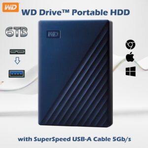 WD Drive 6TB Portable HDD , Micro-B / USB A 5Gbps , Slim Durable Design, Password Protection, Plug-And-Play Storage , Formatted exFAT, Windows Mac ChromeOS Compatible | NAVY ~ WDBRBU0060BBL-BB