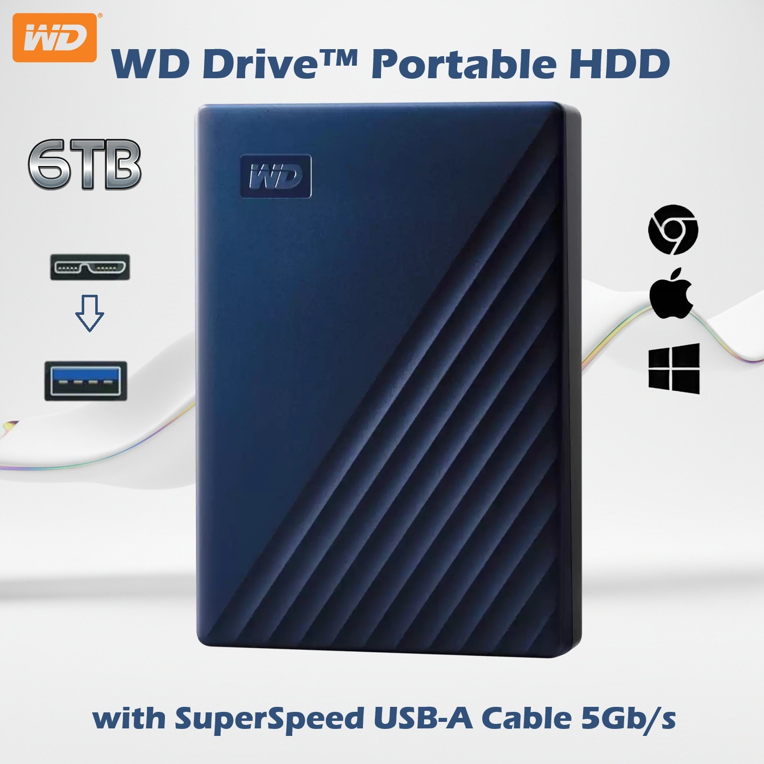 WD Drive 6TB Portable HDD , Micro-B / USB A 5Gbps , Slim Durable Design, Password Protection, Plug-And-Play Storage , Formatted exFAT, Windows Mac ChromeOS Compatible | NAVY ~ WDBRBU0060BBL-BB