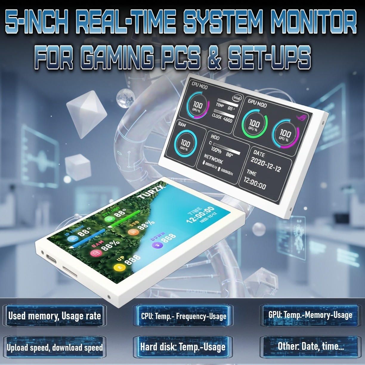 Mini 5-inch LCD Secondary Smart Display Real-time System Monitor for Gaming PCs and Set-ups , USB-C Interface , Real-Time News, YouTube Sync, Music Rhythm, 1000+ Themes, Smart Reminders, E-Album, And Multi-Screen Linkage | WHITE ~ MIRABOX-D5