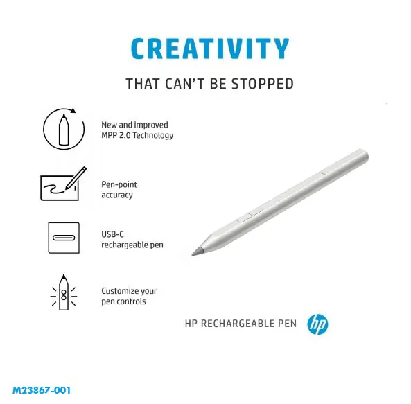 HP Rechargeable Active Pen M23867-001 for Envy & Spectre – Precision Tip, Palm Rejection, Tilt Support, USB-C Charging, Natural Note-Taking & Drawing
