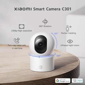 Xiaomi Smart Camera C301 2340P (3MP) 360° WiFi Camera for Indoor Use, Human AI Detection, Intelligent Siren, Bi-Directional Audio, Night Vision, Compatible with Alexa and OK Google, White